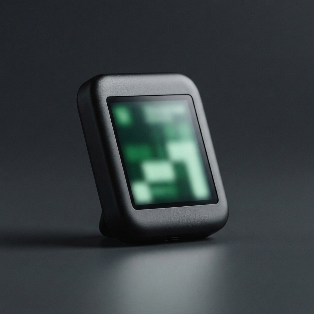 Small black electronic device with a blurred green-lit screen on a dark surface.
