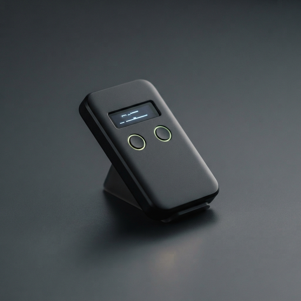 Black handheld electronic device with a glowing display and two illuminated circular buttons on a stand.