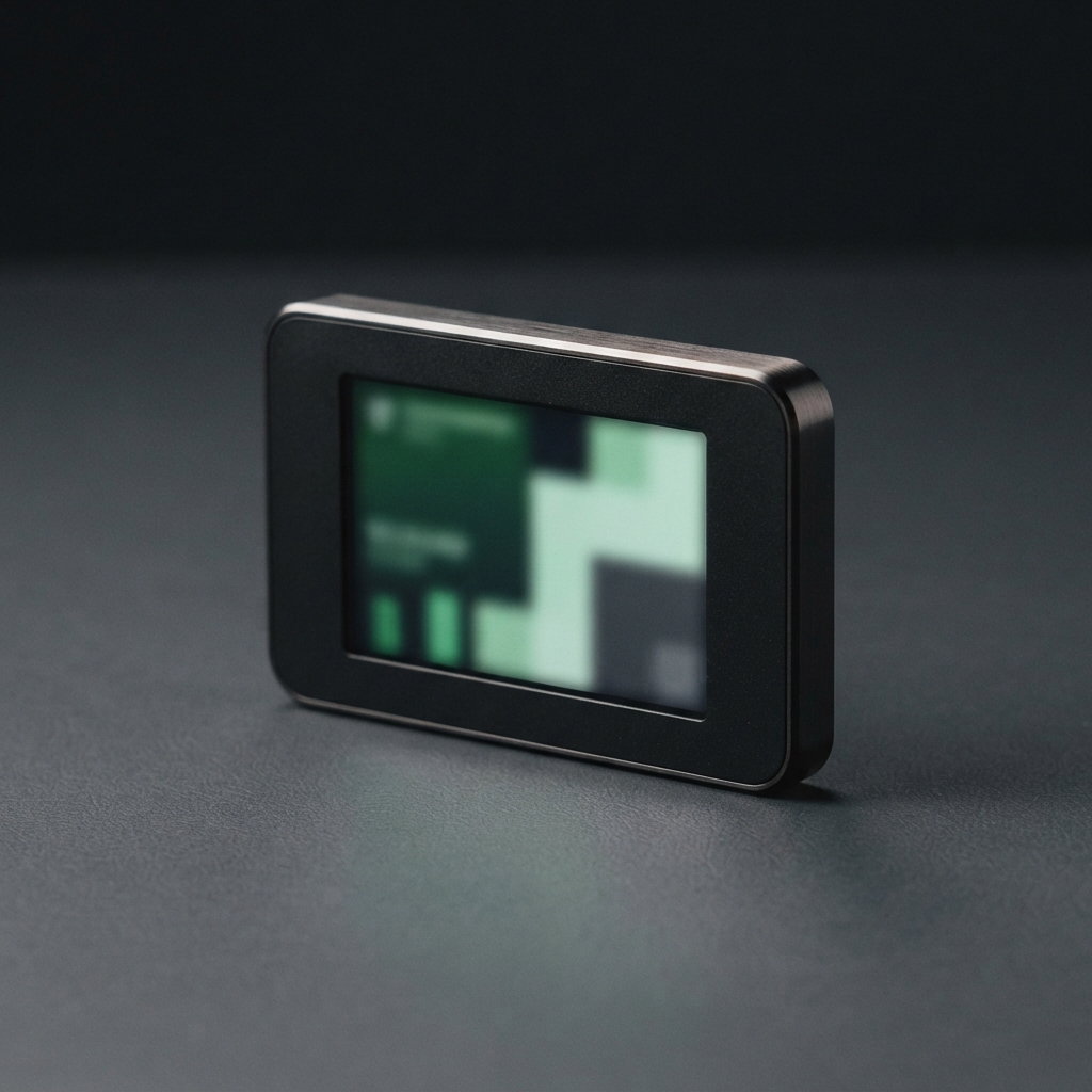 Small black rectangular electronic device with a blurred green-and-gray display on a dark surface.
