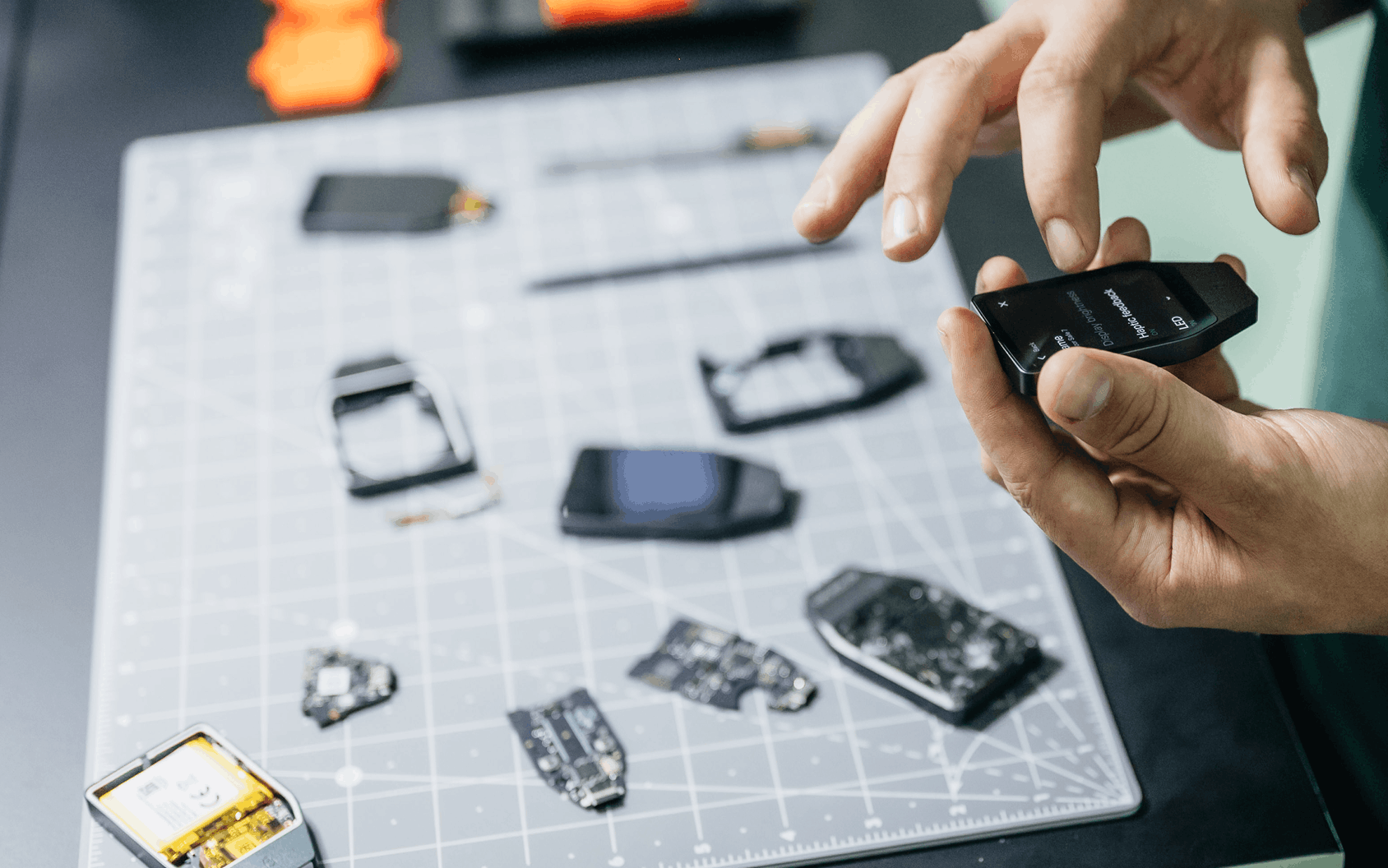 Hands inspect a black handheld electronic device above a cutting mat scattered with disassembled circuit components.